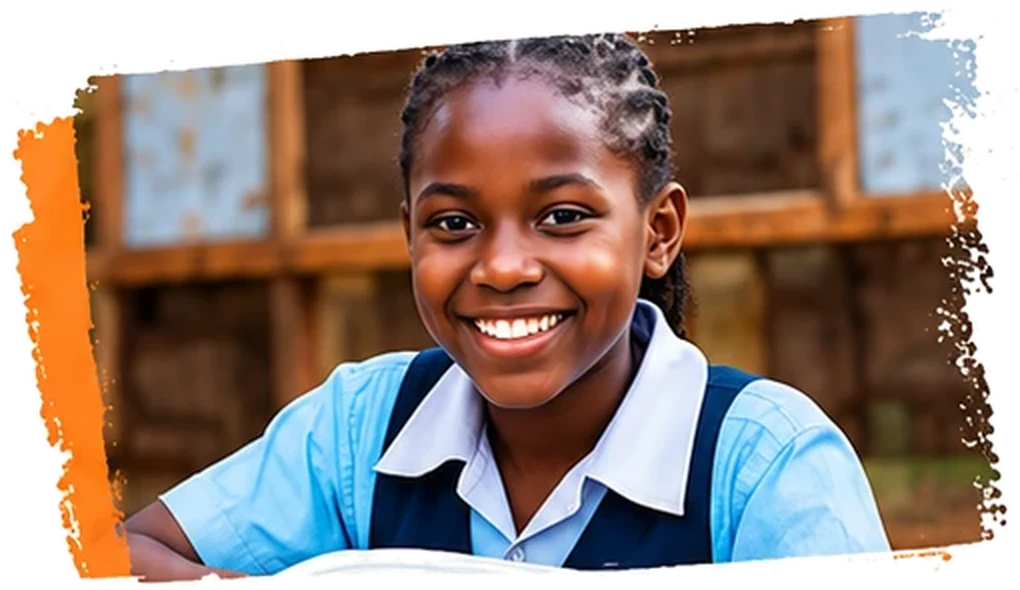 A smiling schoolgirl in a blue uniform