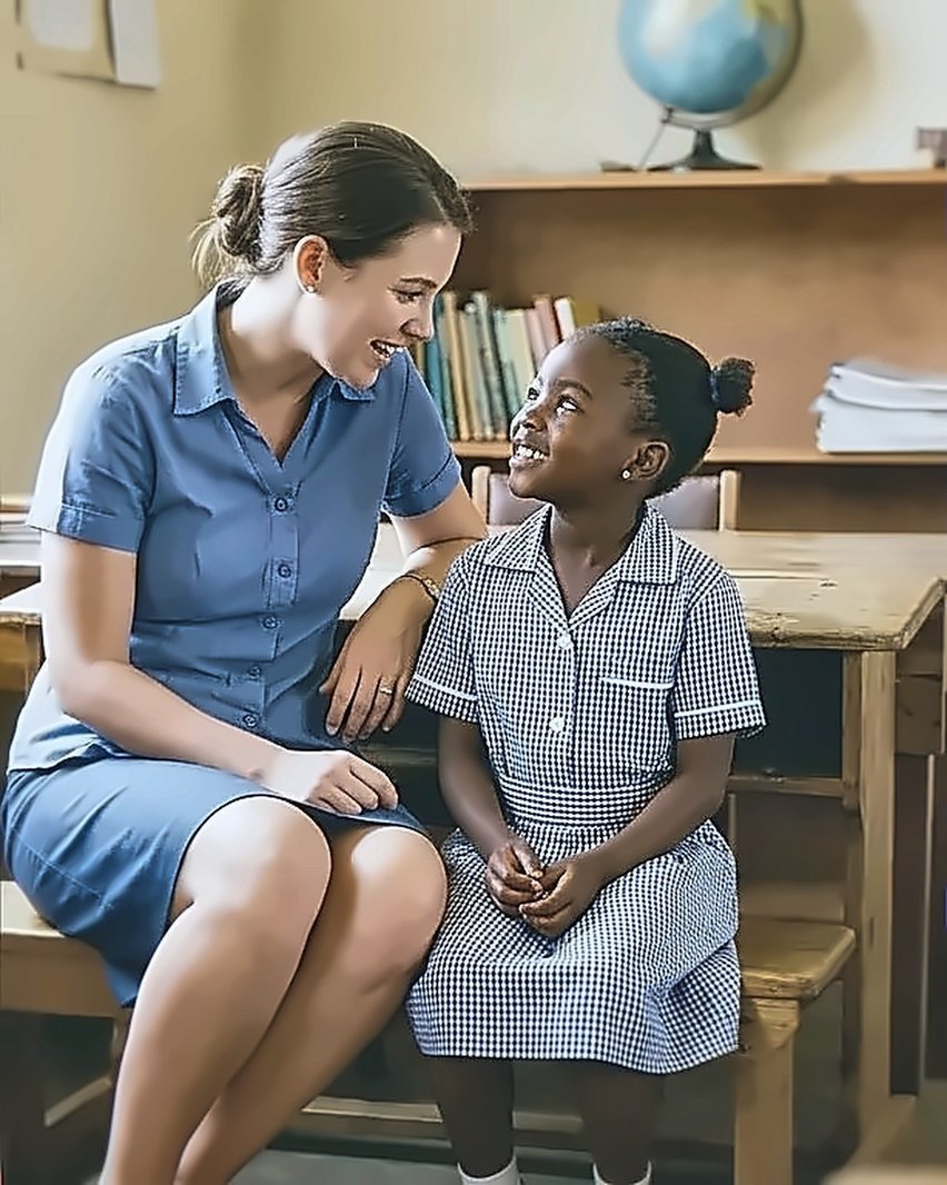 A mentor and a girl talking together in a classroom