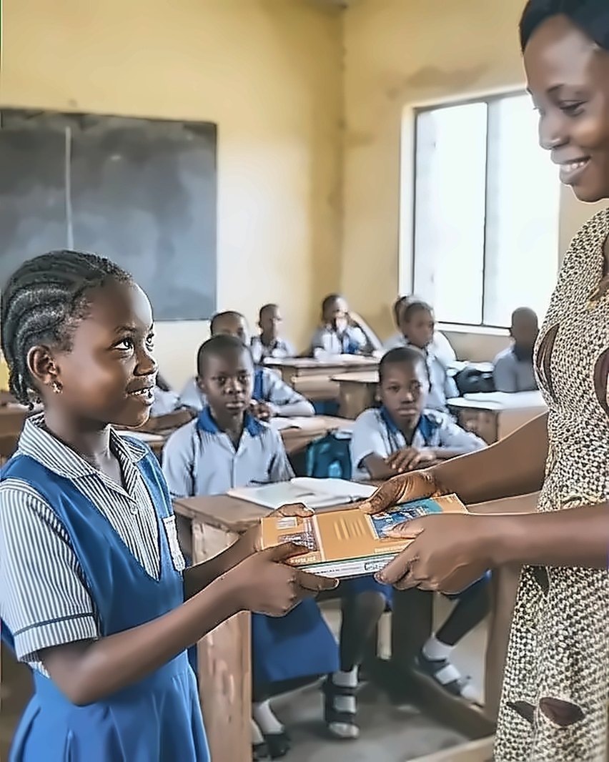 A teacher hands a book to a student in class