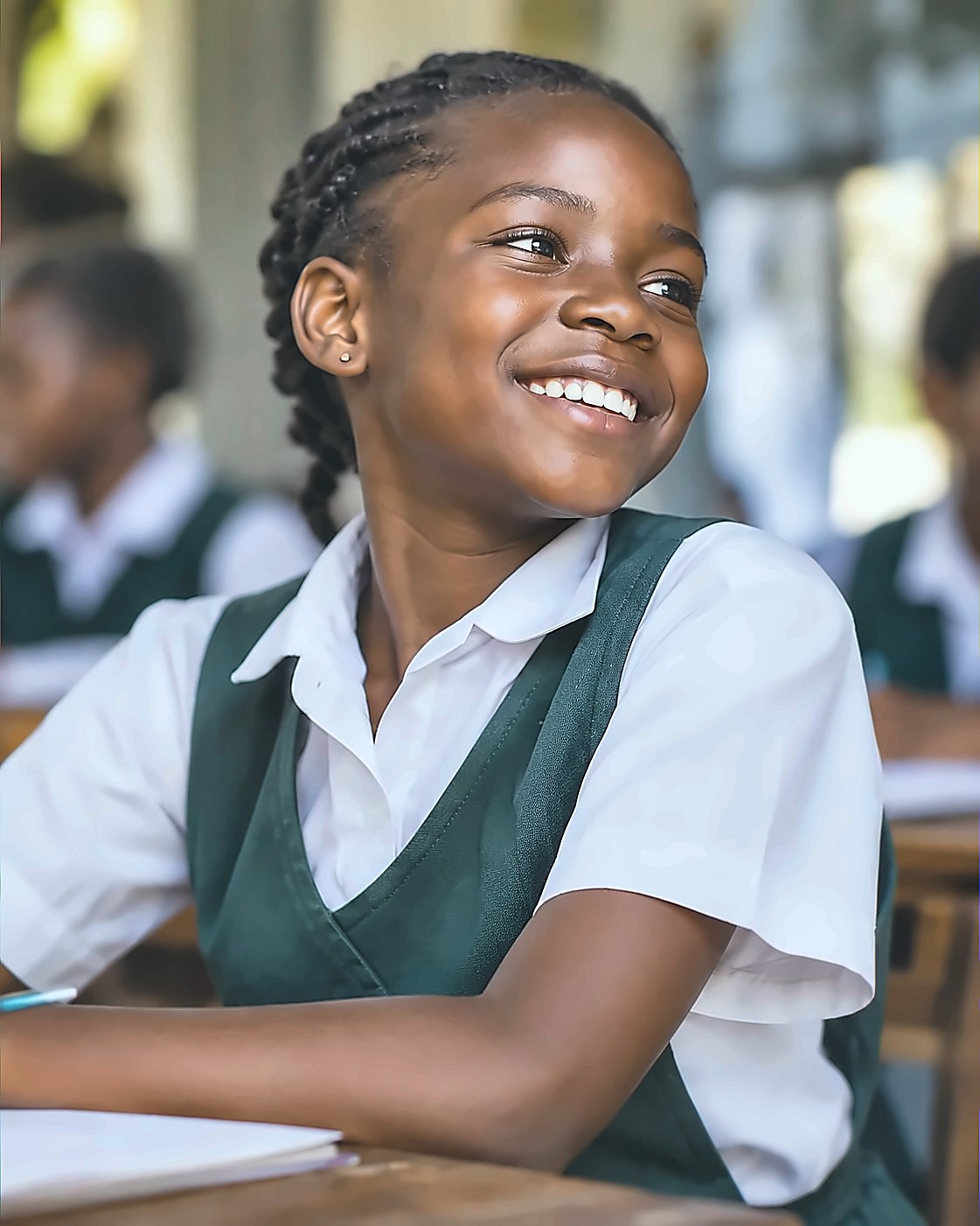 A smiling schoolgirl in a green pinafore at her desk