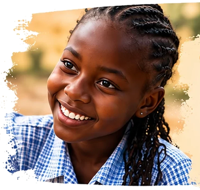 A smiling girl in a blue checked school shirt
