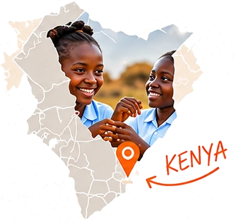 Map of Kenya with two smiling schoolgirls