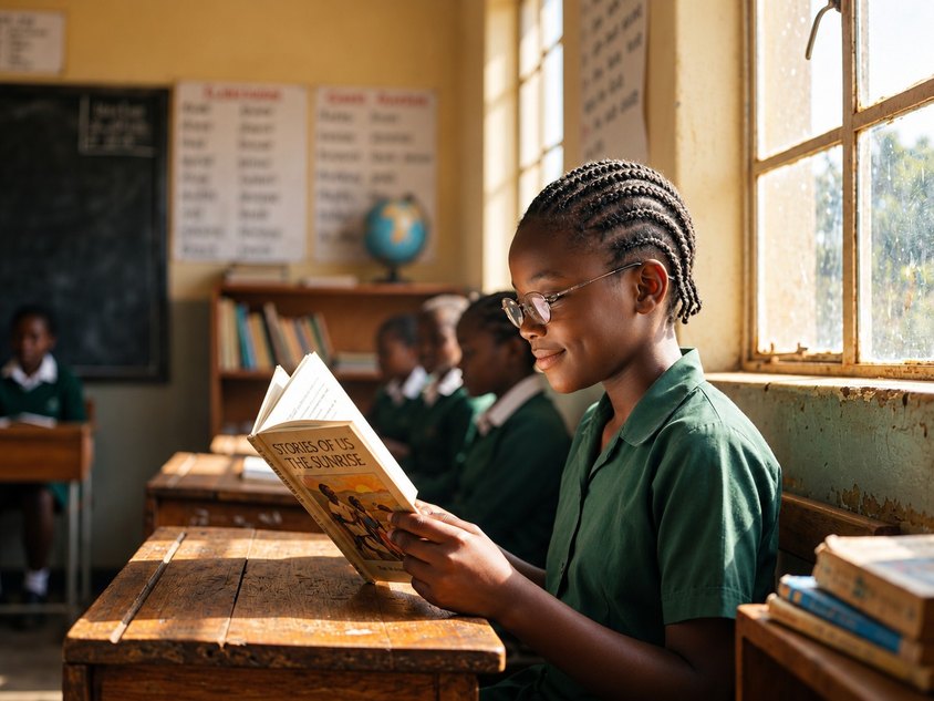 A girl reading alone at a worn desk in an old classroom