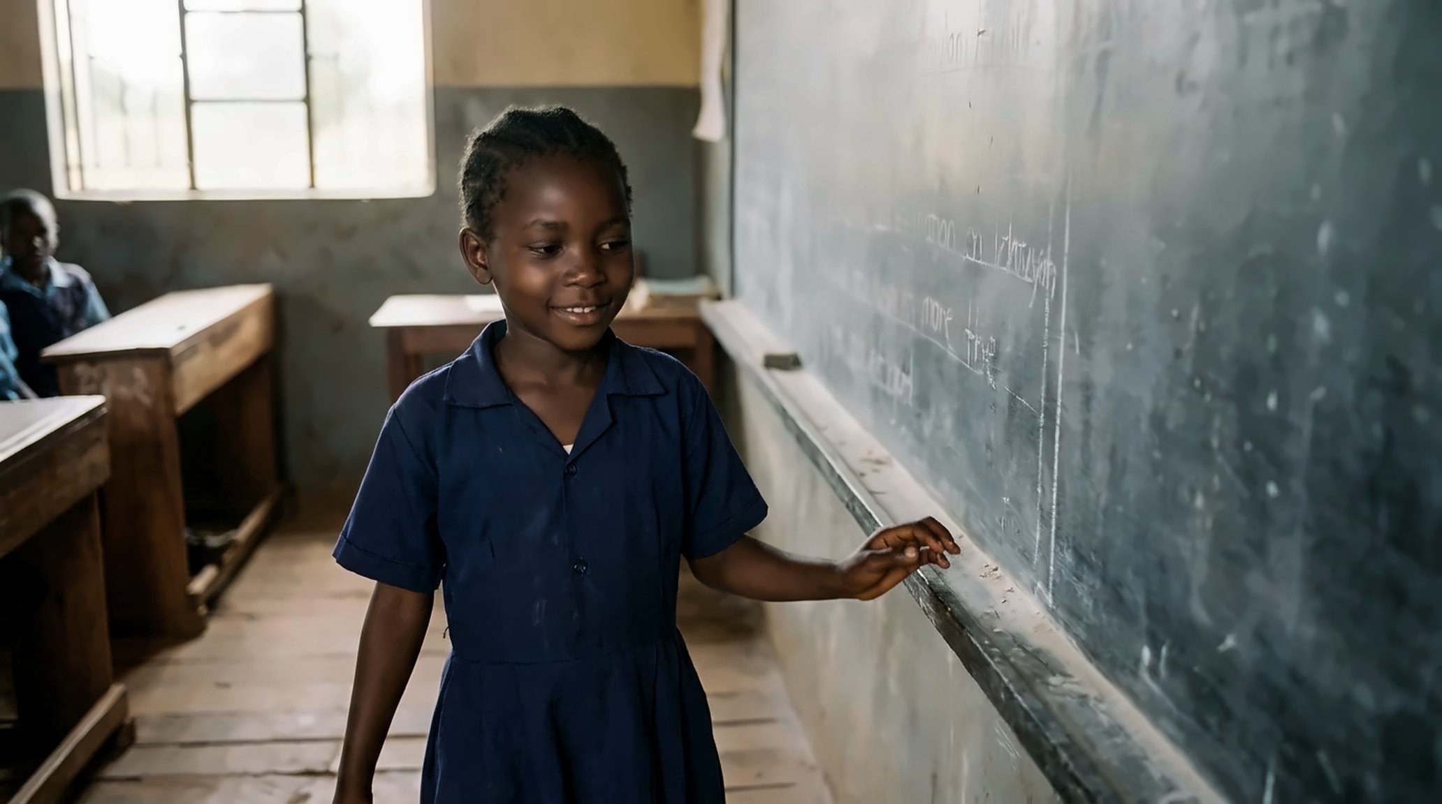 A smiling schoolgirl at a classroom chalkboard