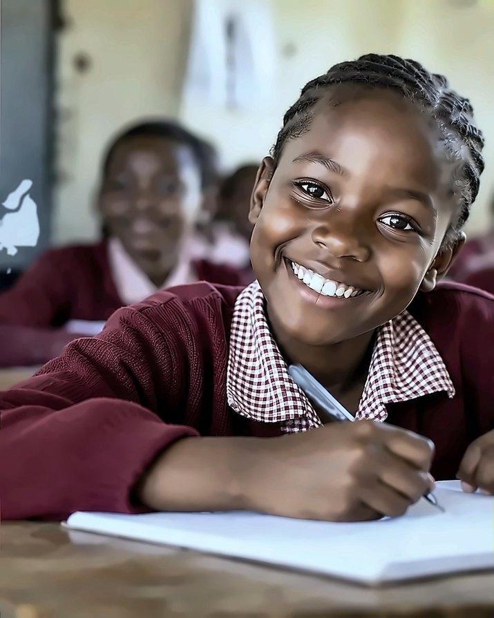 A girl smiling at her desk as she writes