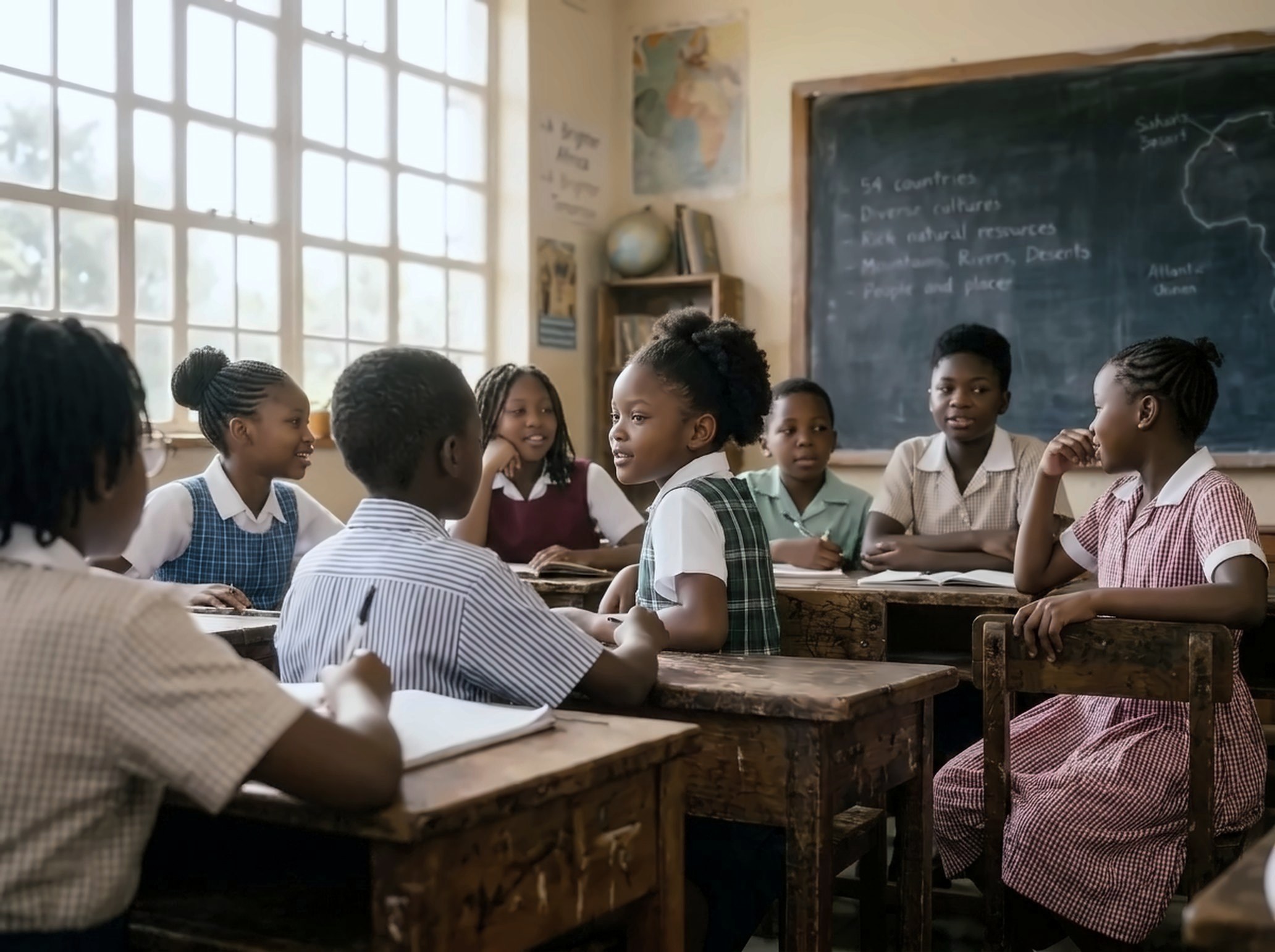 Three girls reading together at a classroom desk